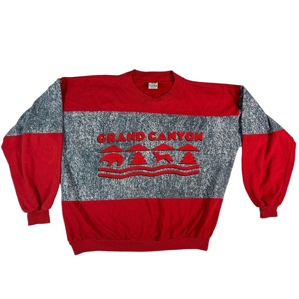 VTG Caribe Sportswear Grand Canyon Graphic Colorblock Sweatshirt Red Gray Sz XL